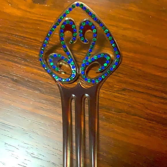 VTG Deco Hair Comb Blue Green Rhinestone - Picture 1 of 6
